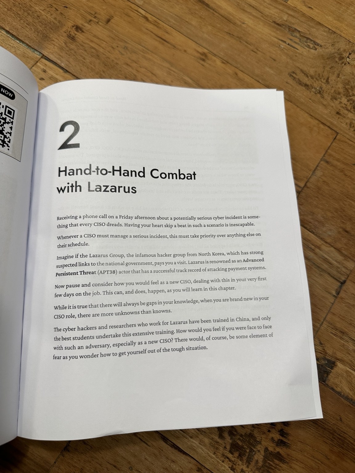 Photograph of the opening page of Hand-to-Hand Combat with Lazarus, James McLeary’s chapter in A Day in the Life of a CISO by David J. Gee.