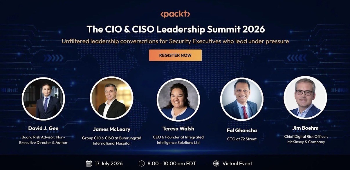 James McLeary featured alongside David J. Gee, Teresa Walsh, Fal Ghancha and Jim Boehm in the announcement for Packt’s CIO & CISO Leadership Summit 2026.